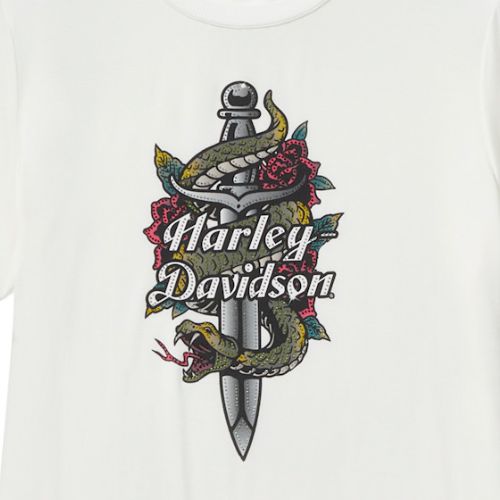 shop Harley Davidson Civitanova | Maglietta Donna Harley-Davidson® Serpent Rose Bling T-shirt bianca da donna Harley-Davidson Serpent Rose Bling con grafica di pugnale, serpente, rose e decorazioni in strass. grafica